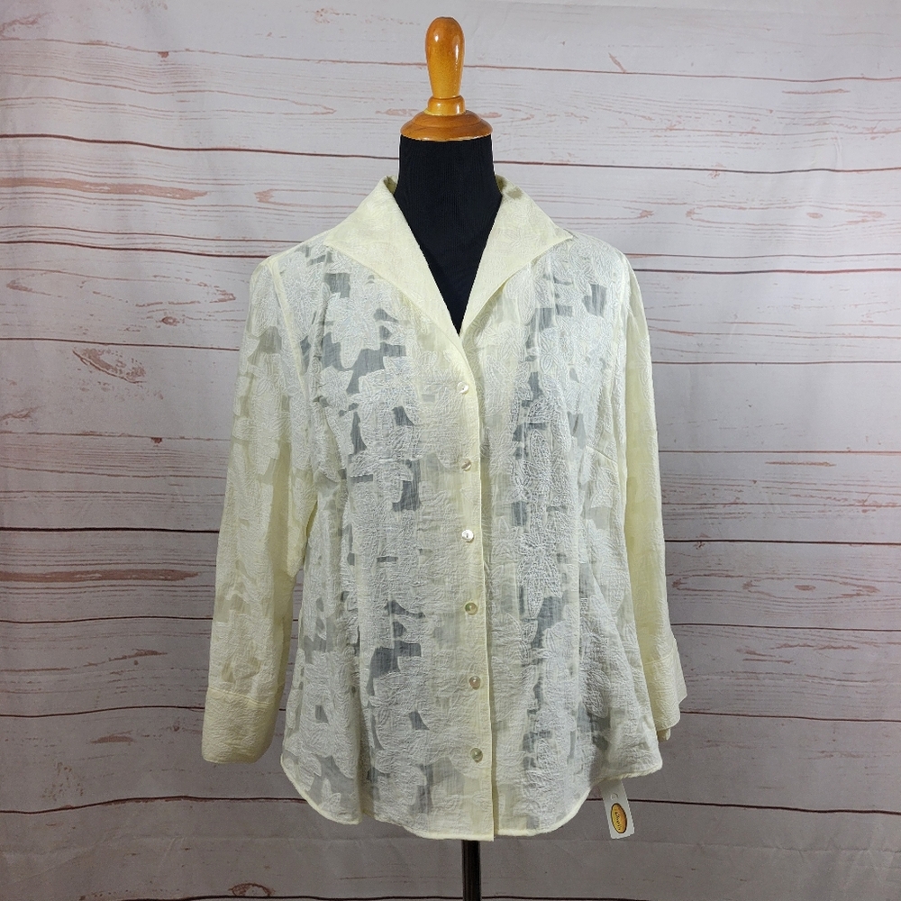Talbots Ivory Lace Semi-Sheer Linen Nylon Button Front 3/4 Sleeve Top Sze 16 NWT